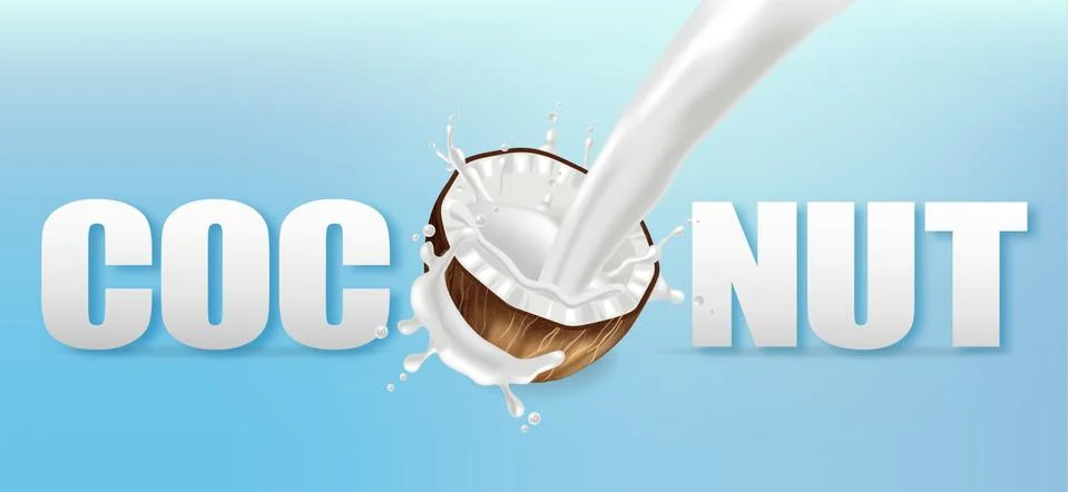 Coconut in milk splash Vector realistic text. template tropic exotic backgrou Ilustración de archivo