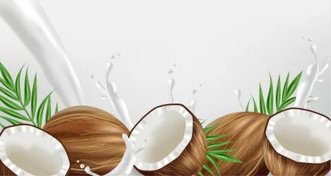 Coconut in milk splash Vector realistic. template tropic exotic background. F Stock Illustration