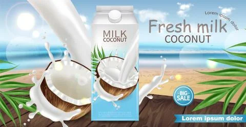 Coconut milk Vector realistic mock up. Milk splash label design. Tropic backg Ilustración de archivo