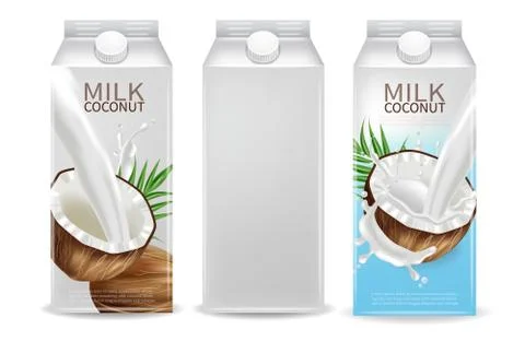 Coconut milk Vector realistic mock up. Milk splash label design. Product pack Ilustración de archivo