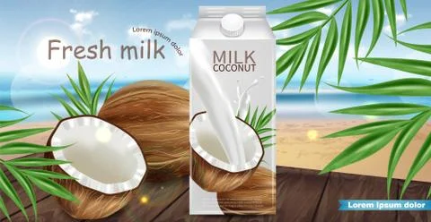 Coconut milk Vector realistic mock up. Milk splash label design. Tropic backg Ilustración de archivo