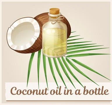 Coconut oil vector icon. Bottle of clean oil with coconuts and palm leaves Illustrazione stock