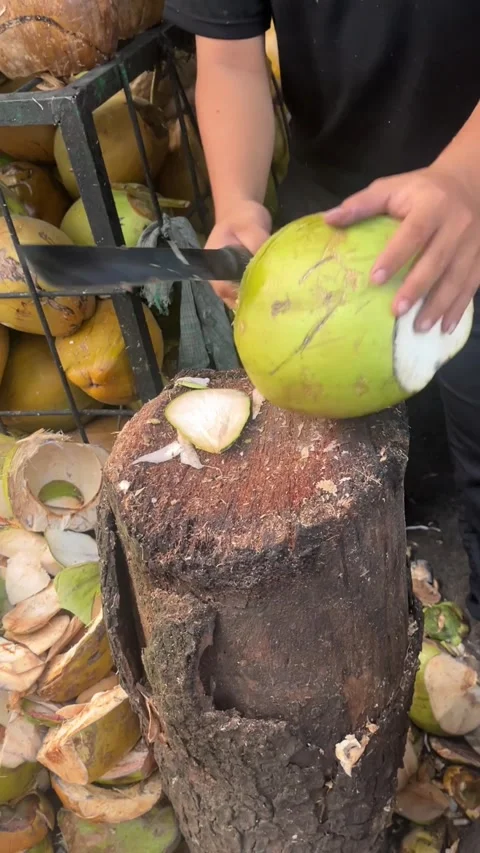 Coconut Opening Demonstrating Fresh Fruit Handling in Outdoor Market Setting Видео 344608097