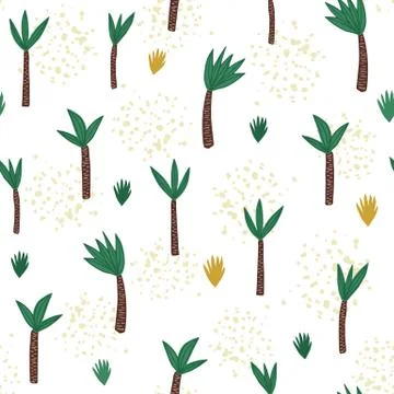 Coconut palm seamless pattern in doodle style. Hand drawn rainforest tree wal Stock Illustration