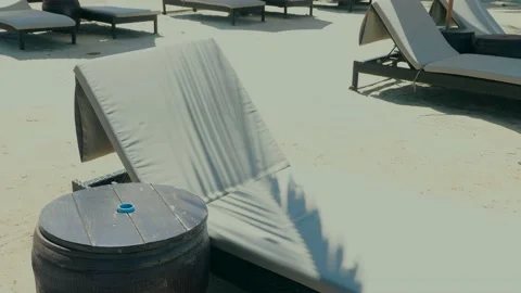 Coconut palm tree branch leaves shadow on vacant sunbed in luxury tropical hotel Stock Footage 201059962