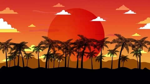 Coconut Palm Tree Silhouette on the Left Side with Orange and Red Layered Clouds Видео 336793108