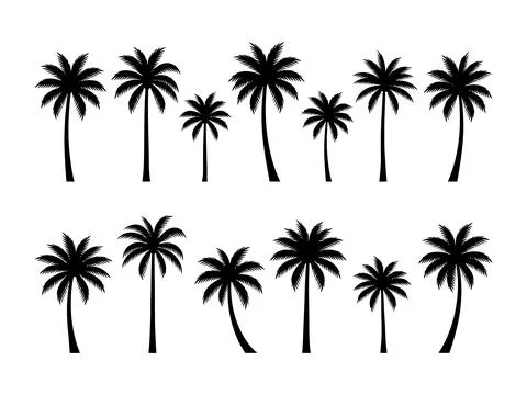 Coconut Palm Tree Silhouette Set with Tropical Beach and Island Tree Designs 库存插图