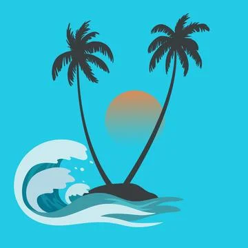 Coconut palm tree with the sun and ocean wave, Summer, beach, and vacation .. Stock Illustration