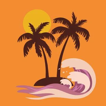 Coconut palm tree with the sunset, and the sea waves, Summer, Flat vector i.. Stock Illustration