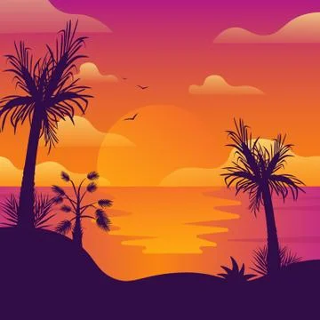 Coconut palm trees on beach at sunset. Stock Illustration