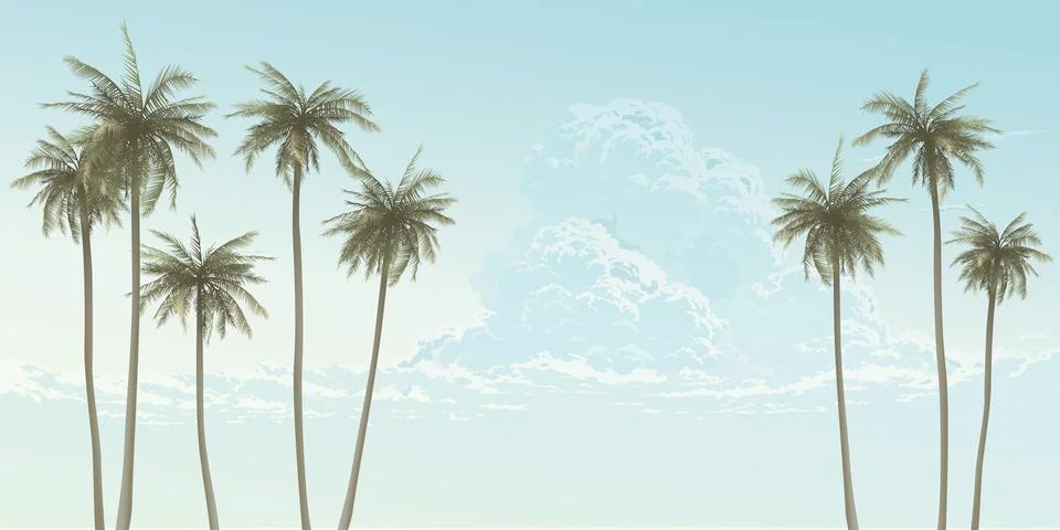 Coconut palm trees with clouds and blue sky background fade condition graph.. Stock Illustration