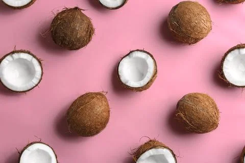 Coconut pattern on color background, flat lay Stockfoto's