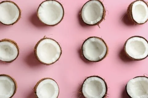 Coconut pattern on color background, flat lay Stockfoto's