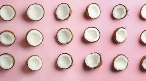 Coconut pattern on color background, flat lay Foto stock