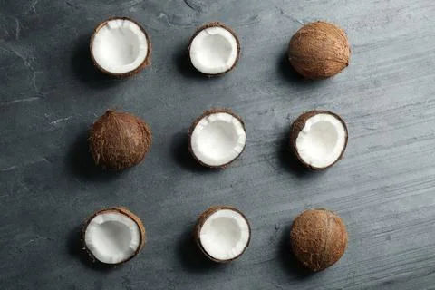 Coconut pattern on grey table, flat lay Foto stock