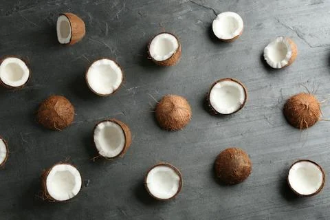 Coconut pattern on grey table, flat lay Foto stock