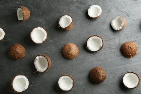 Coconut pattern on grey table, flat lay Stockfoto's