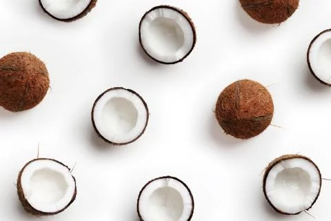 Coconut pattern on white background, top view Stock Photos