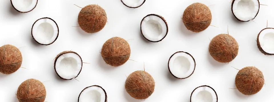 Coconut pattern on white background, top view Stock Photos