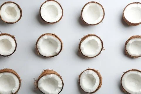 Coconut pattern on white background, top view Stock Photos