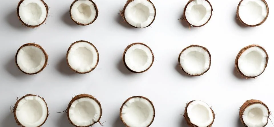 Coconut pattern on white background, top view Stock Photos