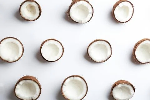 Coconut pattern on white background, top view Stock Photos
