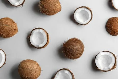 Coconut pattern on white background, top view Stock Photos
