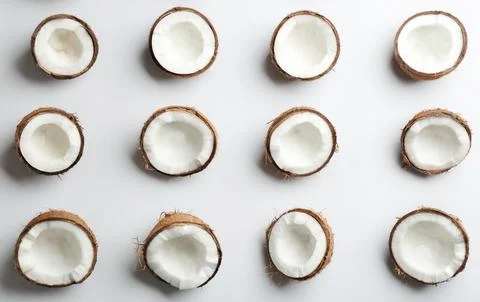 Coconut pattern on white background, top view Stock Photos