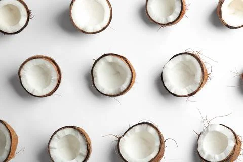 Coconut pattern on white background, top view Stock Photos