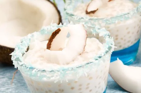 Coconut pudding with tapioca pearls and litchi jelly Stock Photos