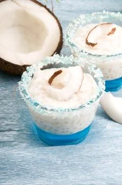 Coconut pudding with tapioca pearls and litchi jelly Stock Photos