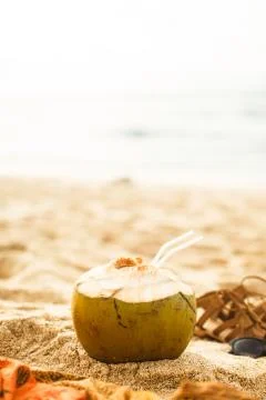 Coconut on sand at beach Stock Photos
