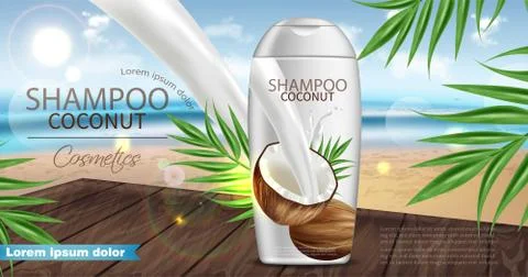 Coconut shampoo Vector realistic. Product packaging mock up. Tropic backgroun Ilustración de archivo