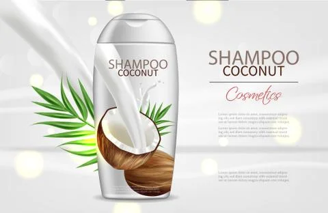 Coconut shampoo Vector realistic. Product packaging mock up. Tropic backgroun Ilustración de archivo