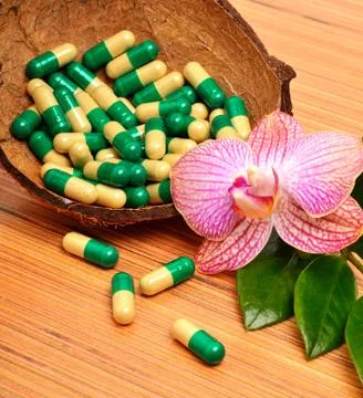 Coconut shell, capsules, tablets, an orchid flower Stock Photos
