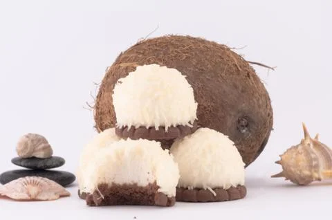 Coconut, shells and coconut sweets Stock Photos