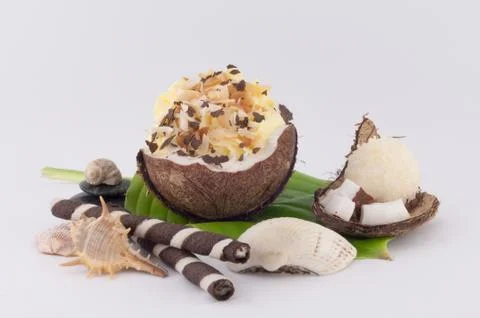 Coconut, shells and coconut sweets Stock Photos
