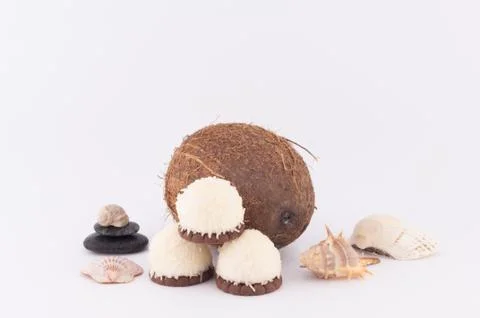 Coconut, shells and coconut sweets Stock Photos