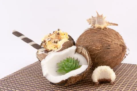 Coconut, shells and coconut sweets Stock Photos