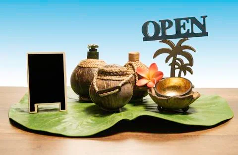 Coconut spa set with open sign and blank black board Stock Photos