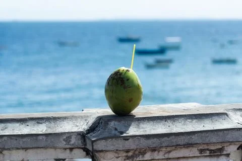 A coconut with a straw inside on top of a balustrade against the sea with b.. Stock Photos