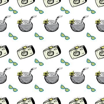 Coconut, sunglasses, camera seamless pattern Stock Illustration