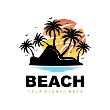 Coconut Tree And Beach Logo, Ocean Nature Landscape Design, Beach Icon Plan.. Stock Illustration
