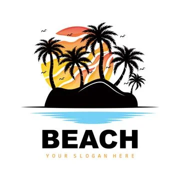 Coconut Tree And Beach Logo, Ocean Nature Landscape Design, Beach Icon Plan.. Stock Illustration