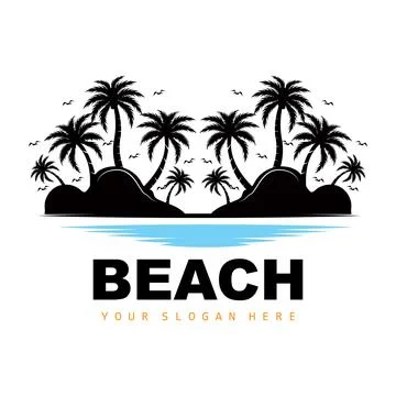 Coconut Tree And Beach Logo, Ocean Nature Landscape Design, Beach Icon Plan.. Stock Illustration