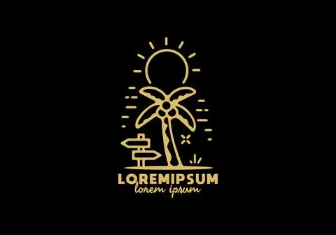 Coconut tree and big sun line art with lorem ipsum text 库存插图