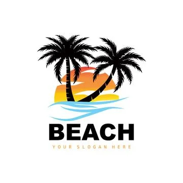 Coconut Tree Logo With Beach Atmosphere, Beach Plant Vector, Sunset View Desi Illustrazione stock