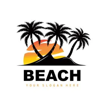 Coconut Tree Logo With Beach Atmosphere, Beach Plant Vector, Sunset View Desi Illustrazione stock