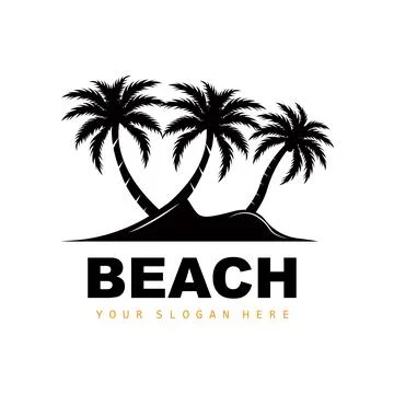 Coconut Tree Logo With Beach Atmosphere, Beach Plant Vector, Sunset View Desi Illustrazione stock