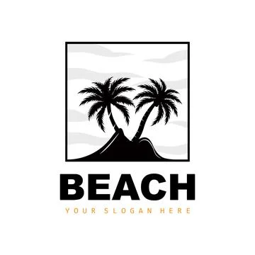 Coconut Tree Logo With Beach Atmosphere, Beach Plant Vector, Sunset View Desi 스톡 일러스트